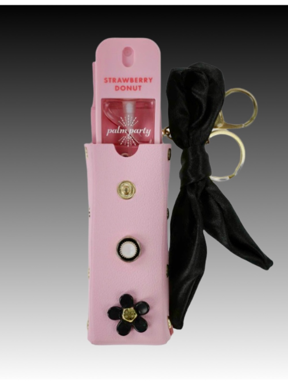 Palm Party Pink Hand Sanitizer Holder with Black Bow Keyring